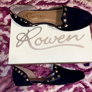 NIB Rowen Black Suede Gold Studded Round Toe D'Orsay Flats Size 11M